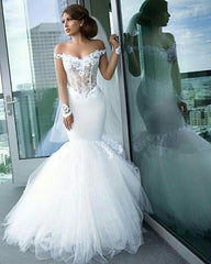 Classic Off the Shoulder Tulle Mermaid Appliques Long Sleeves Wedding Dress