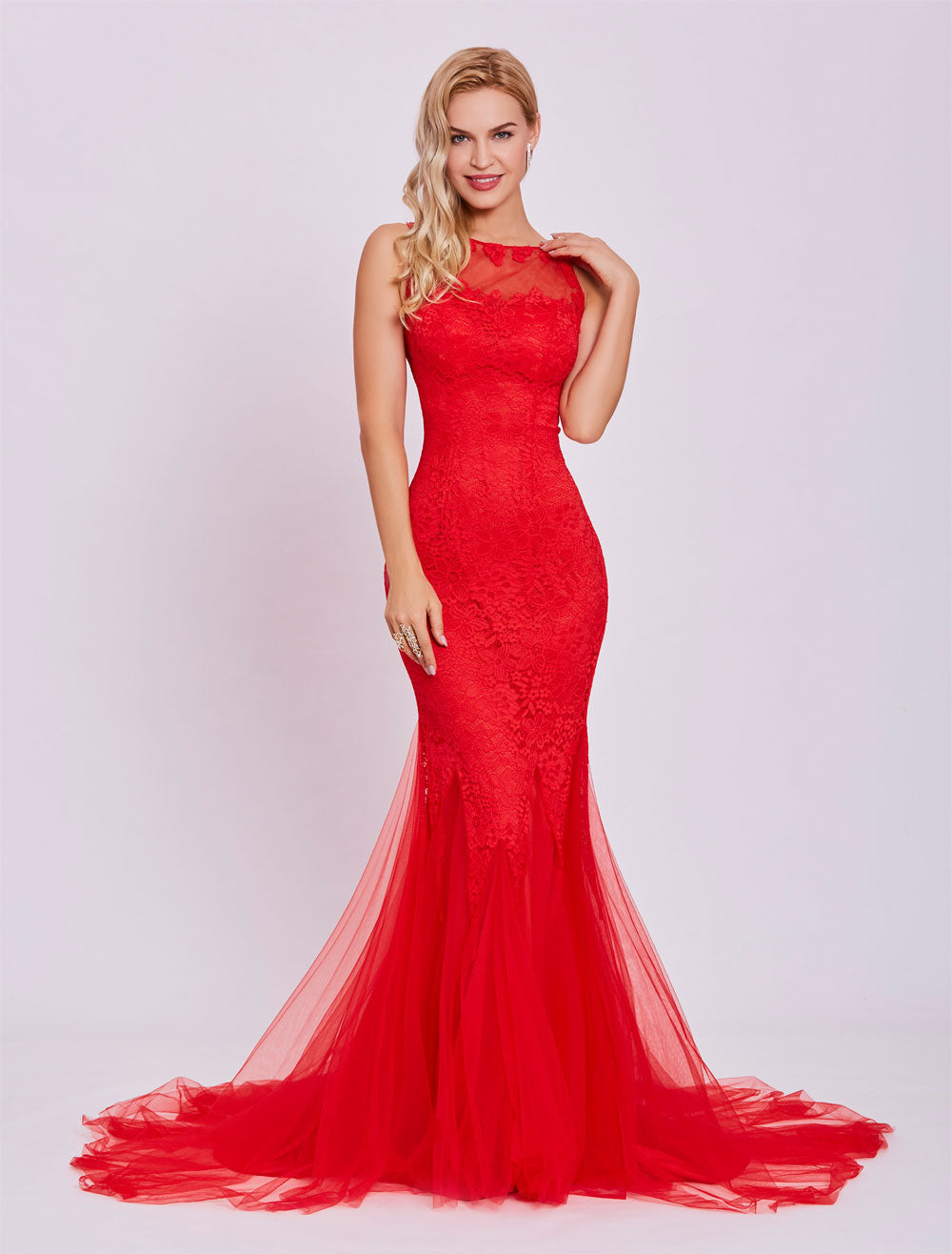 Classic Red Evening Dresses  Long Backless Sexy Evening Dress Lace Mermaid Tulle Formal Gown With Train wedding guest dress