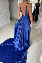 Classic Royal Blue V-neck  Slit Prom Dresses Mermaid Long