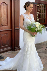 Classic Sleeveless Strap Lace Appliques Mermaid Bridal Wedding Dresses