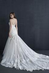 Classic Sleeveless White Lace Mermaid Wedding Gown Sweetheart Tulle Appliques Bridal Dress