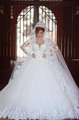 Classic White Lace Ball Gown Wedding Dress Popular Sweep Train Long Sleeves Bridal Gown