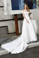 Classic White Lace Off the ShoulderLong Princess Wedding Dress with Beaded Lace Appliques
