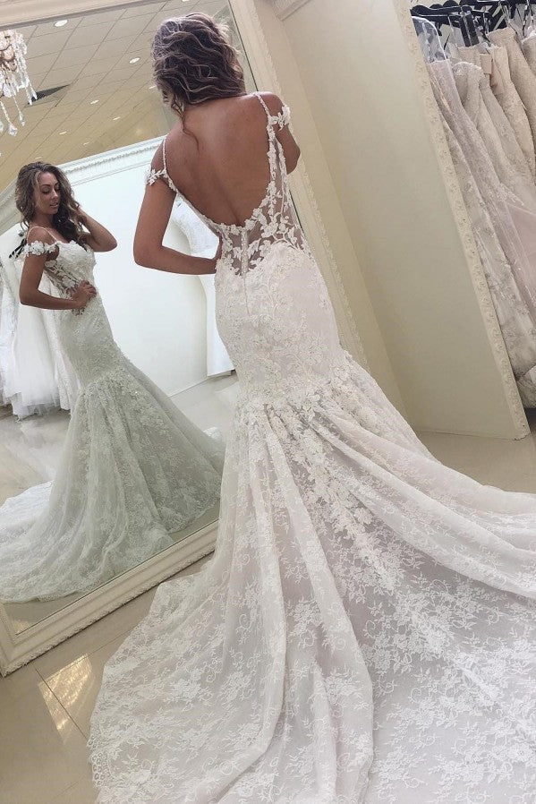 Classic White Off the shoulder Lace Mermaid Backless Wedding Dress