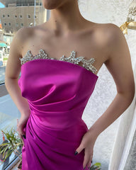 Classy Fuchsia Strapless Crystal Prom Dresses Long Slit Online