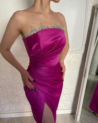 Classy Fuchsia Strapless Crystal Prom Dresses Long Slit Online