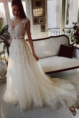 Classy Ivory A-Line Floor Length V-Neck Garden Lace Wedding Dresses