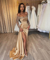 Classy Long Champagne Off-the-Shoulder Sequins Split Prom Dresses With Long Sleeves