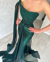 Classy Long Dark Green Mermaid Sleeveless Prom Dresses Long Slit Online