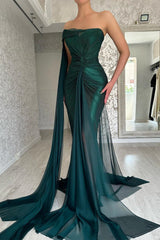 Classy Long Dark Green Mermaid Sleeveless Prom Dresses Long Slit Online