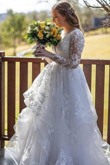 Classy Long Sleeves V-Neck Garden Lace A-Line Wedding Dresses