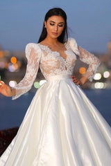Classy Long Sleeves V-neck Satin Wedding Dresses with Lace