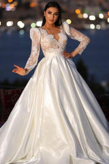 Classy Long Sleeves V-neck Satin Wedding Dresses with Lace