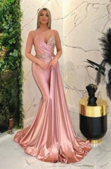 Classy Pink Spaghetti-Straps Sleeveless Mermaid Evening Dresses