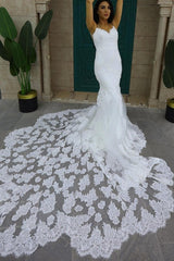 Classy Sleeveless Spaghetti Straps Mermaid Wedding Dresses with Chapel Train