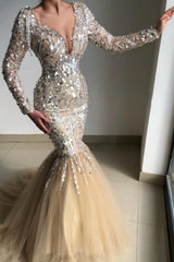 Classy V-Neck Long-Sleeve Mermaid Evening Dresses With Sequins