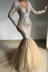 Classy V-Neck Long-Sleeve Mermaid Evening Dresses With Sequins