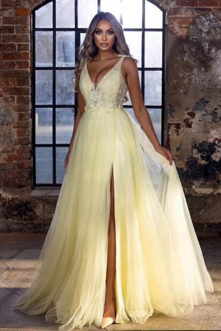 Classy V-Neck Yellow Sleeveless Prom Dresses Long On Sale