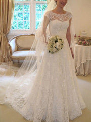 Court Train Applique A Line Short Sleeves Square Lace Ribbon Wedding Dresses