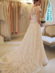 Court Train Applique A Line Short Sleeves Square Lace Ribbon Wedding Dresses