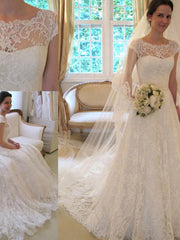 Court Train Applique A Line Short Sleeves Square Lace Ribbon Wedding Dresses