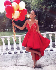 Cute Red High-low A-line Lace V-neck Homecoming Dress
