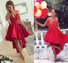 Cute Red High-low A-line Lace V-neck Homecoming Dress