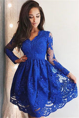 Cute Royal Blue Lace Long Sleeves Homecoming Dress Short Hoco Dresses
