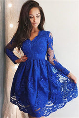 Cute Royal Blue Lace Long Sleeves Homecoming Dress Short Hoco Dresses