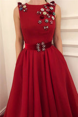 Cute Satin A Line Fowers Red Prom Party Gowns with Dragonfly Chic Scoop Sleeveless Long Prom Party Gowns with Sash