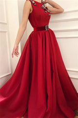 Cute Satin A Line Fowers Red Prom Party Gowns with Dragonfly Chic Scoop Sleeveless Long Prom Party Gowns with Sash