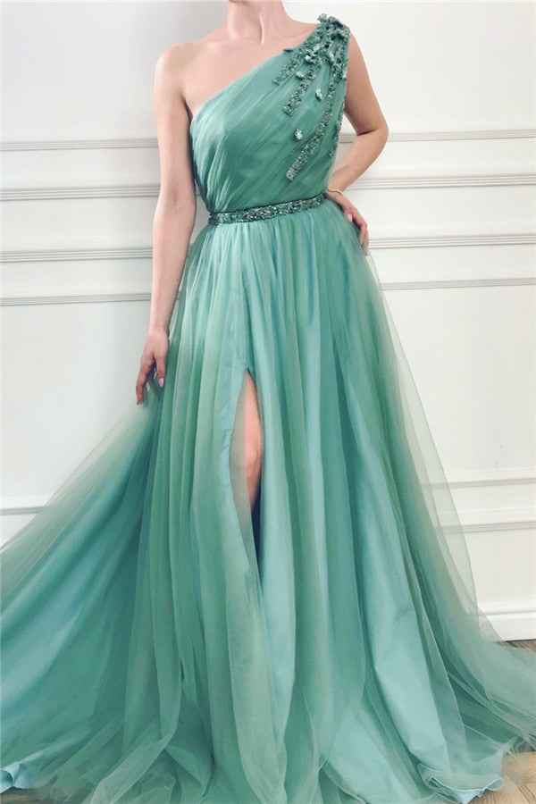 Gorgeous One Shoulder Green Tulle Prom Party Gowns with Beading Chic Front Slit Long Prom Party Gowns with Beading Sash