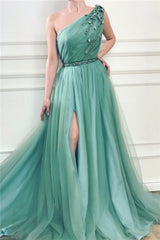 Gorgeous One Shoulder Green Tulle Prom Party Gowns with Beading Chic Front Slit Long Prom Party Gowns with Beading Sash