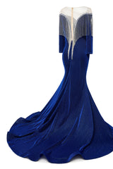 Deep V-neck Shiny Royal Blue Long sleeves Mermaid Prom Dress