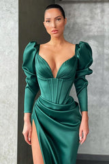 Dark green Bubble sleeves High-split Mermaid Prom Dress
