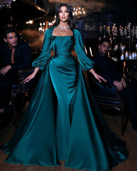 Dark Green Long sleeves Floor length Mermaid Prom Dress with Detachable Train