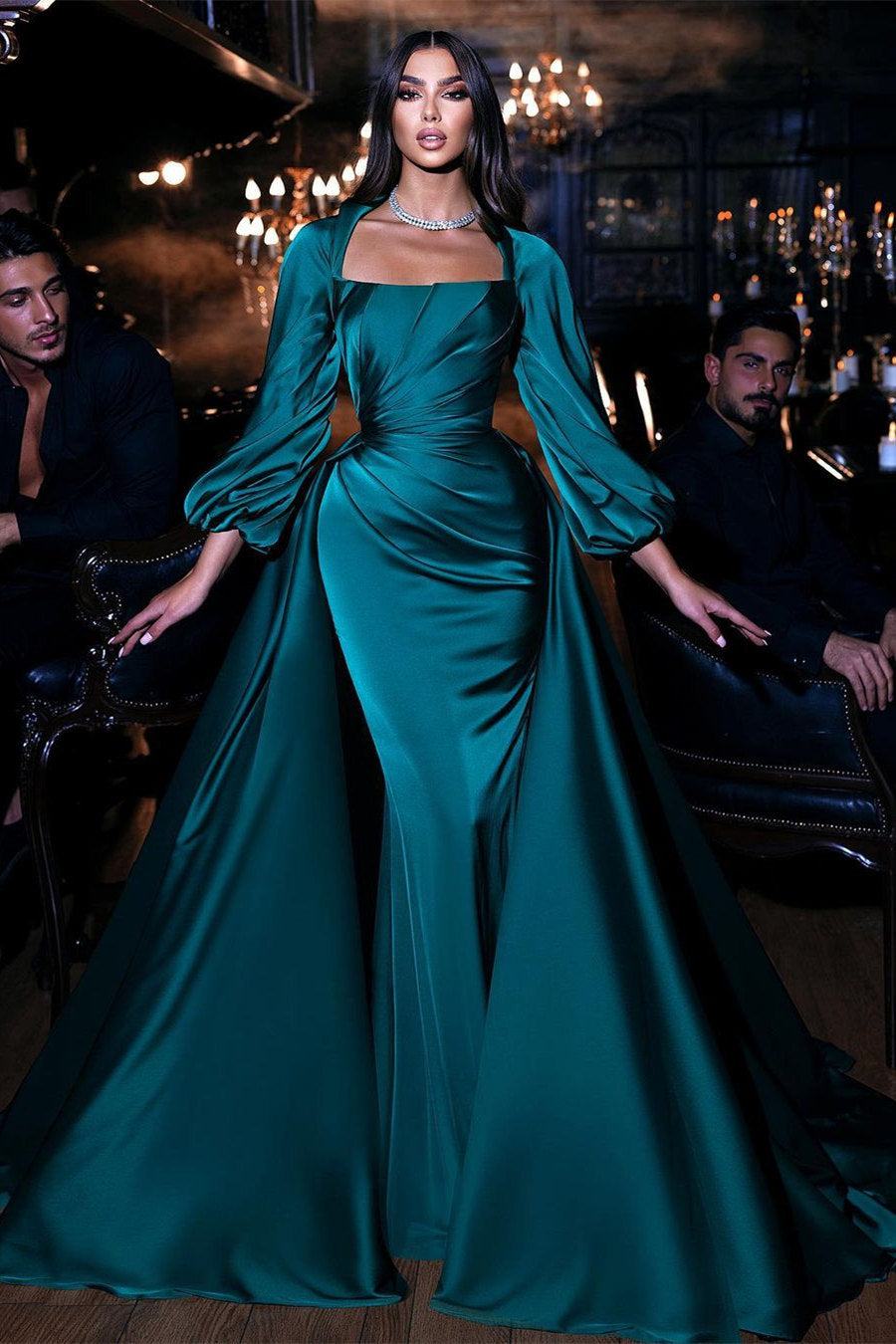 Dark Green Long sleeves Floor length Mermaid Prom Dress with Detachable Train