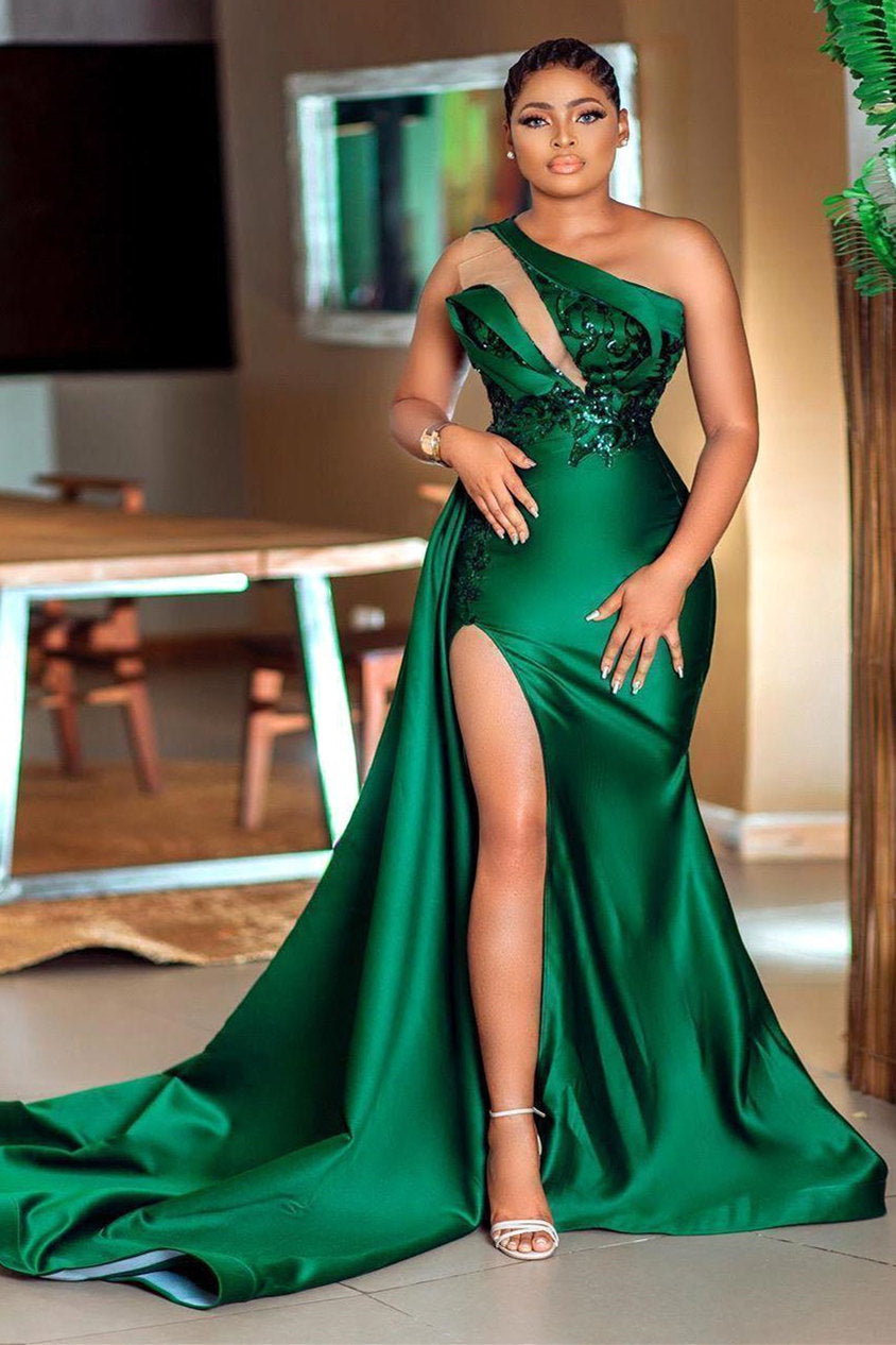 Dark green Plunging V neck One shoulder High split Mermaid Prom Dress