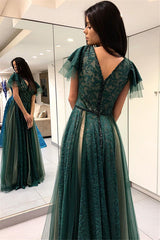 Dark Green Princess Short Sleeves Long Prom Dresses V-Neck Lace Evening Dresses with Soft Pleats