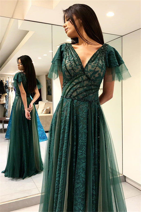 Dark Green Princess Short Sleeves Long Prom Dresses V-Neck Lace Evening Dresses with Soft Pleats