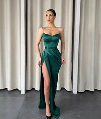 Dark Green Spaghetti-Straps Mermaid Prom Dress Long With Slit