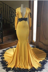 Deep V-neck Long Sleevess Black Appliques Yellow Mermaid Prom Dresses