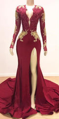 Deep V-neck Long Sleevess Lace Appliques Split Mermaid Evening Gowns