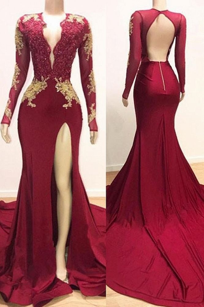 Deep V-neck Long Sleevess Lace Appliques Split Mermaid Evening Gowns