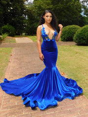 Deep V-neck Royal Blue SPAGHETTI STRAPS Mermaid Flowers Prom Dresses