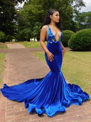 Deep V-neck Royal Blue SPAGHETTI STRAPS Mermaid Flowers Prom Dresses