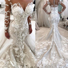 Delicate Lace Appliques Mermaid Wedding Dress Long Sleeves Bridal Gown
