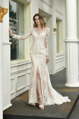 Delicate V Neck High Split Long Sleevess Lace Wedding Dress With Court Train