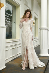 Delicate V Neck High Split Long Sleevess Lace Wedding Dress With Court Train