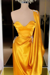 Designer Yellow Gold One Shoulder Long Evening Prom Dress With  Ruffles